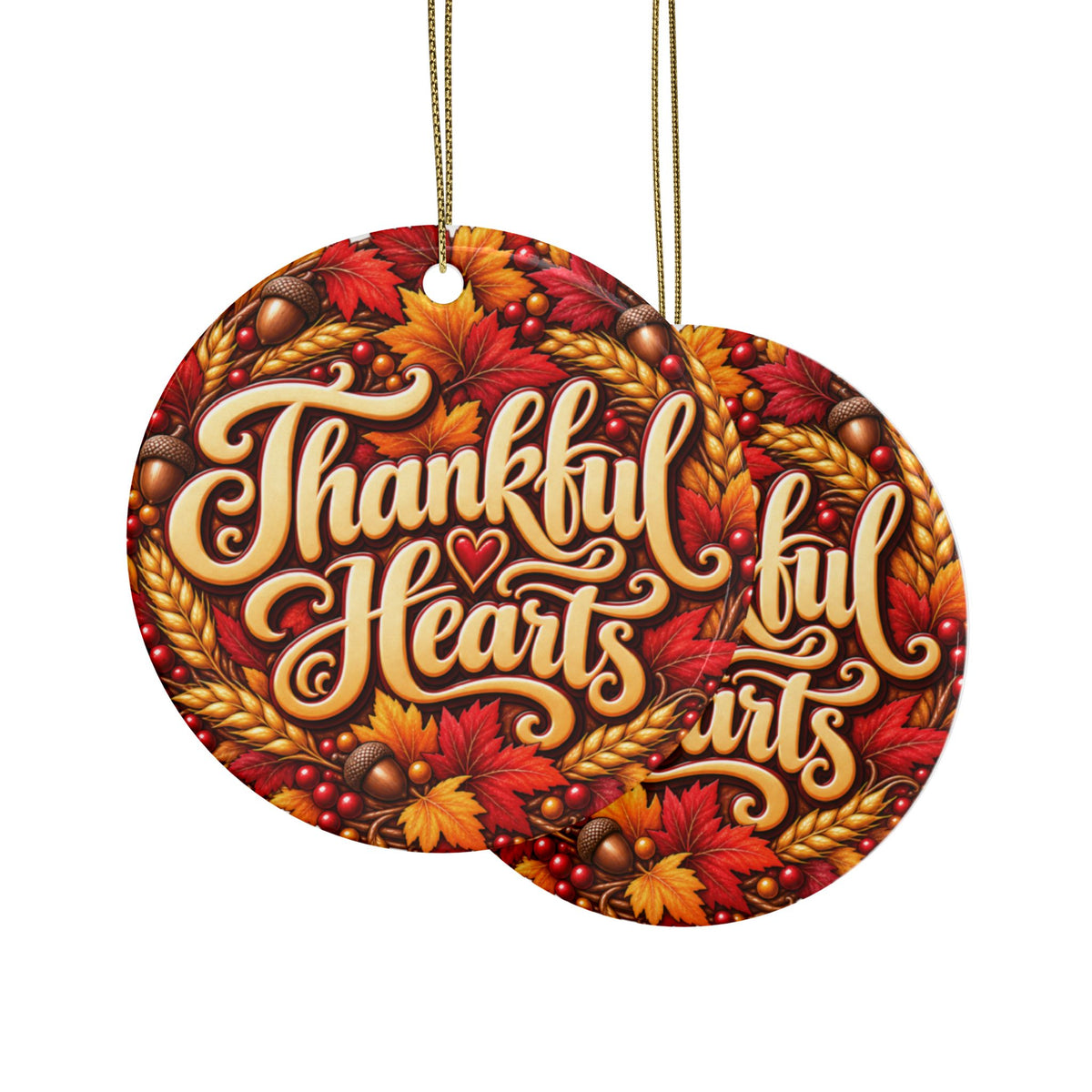 Thankful Hearts Ceramic Ornament — Fall Thanksgiving Family Keepsake, Maple Leaf Heart Holiday Tree Decoration