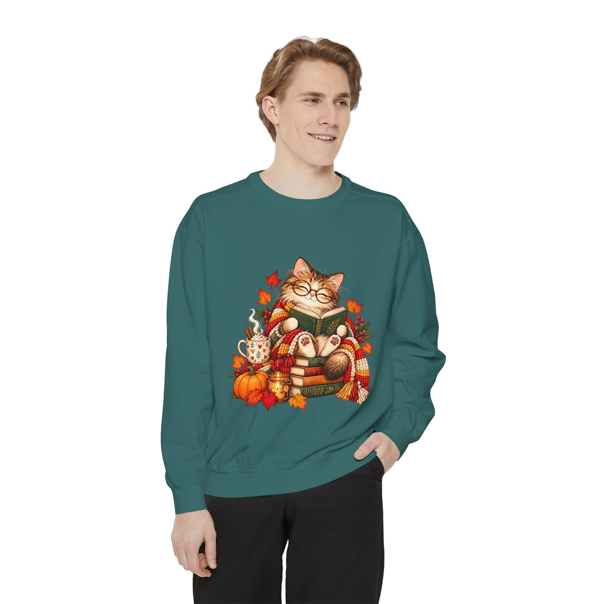 Cozy Reading Cat Sweatshirt | Autumn Leaves Pumpkin Fall Cozy