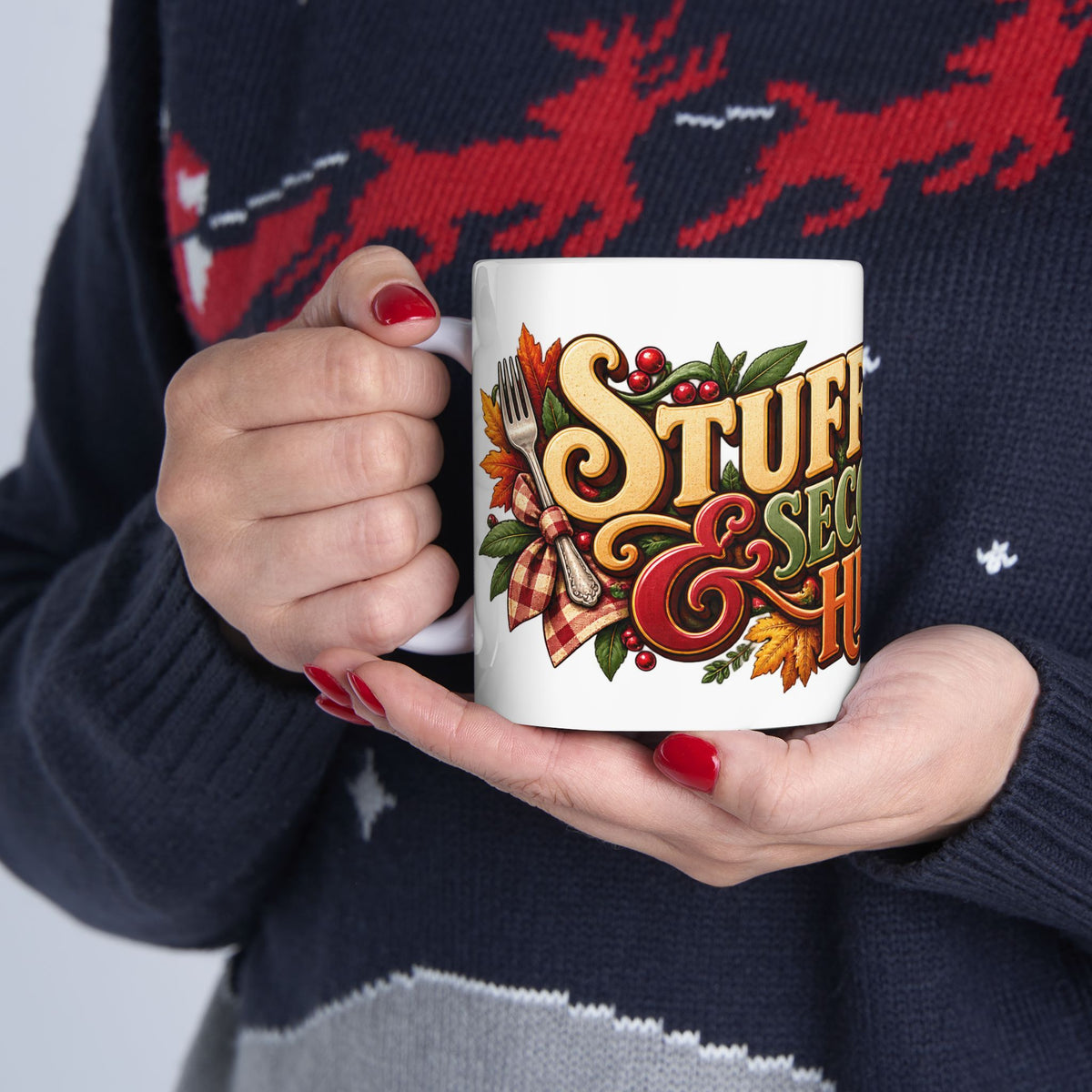 Stuffing & Second Helpings Mug — Funny Thanksgiving Ceramic Coffee Mug, Turkey Dinner Humor Gift for Foodies