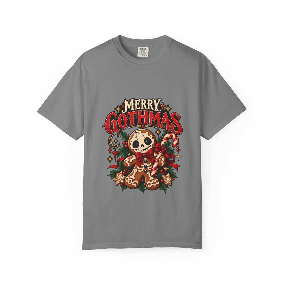 Merry Gothmas skull gingerbread graphic T-shirt | Gothic Christmas tee