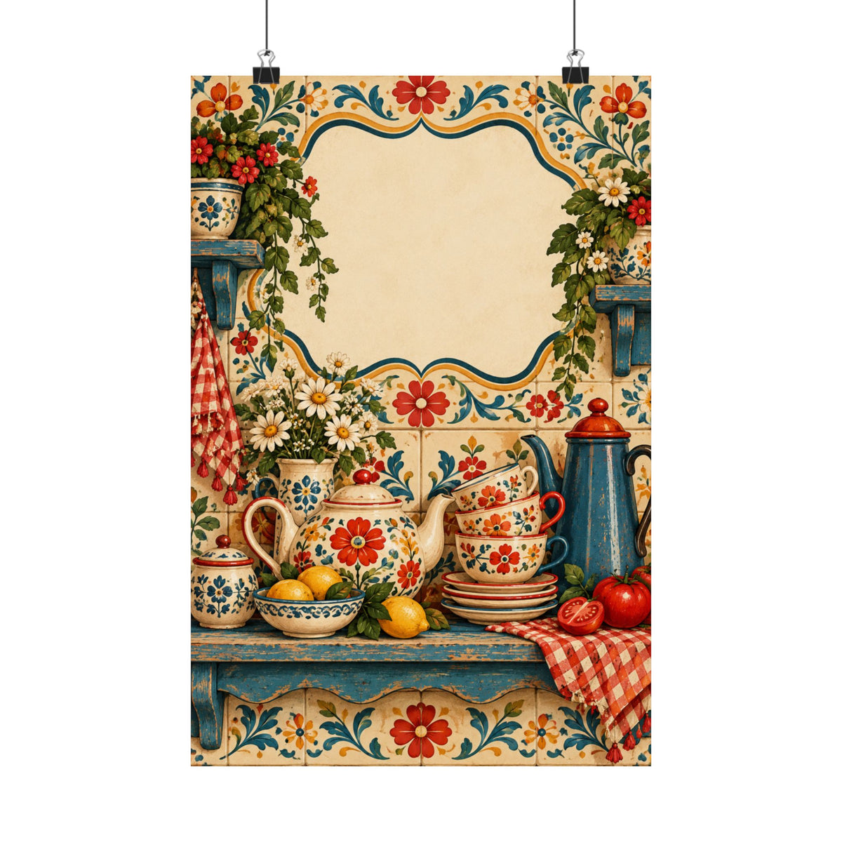 Vintage Floral Kitchen Tea Set Poster | Matte Vertical Poster