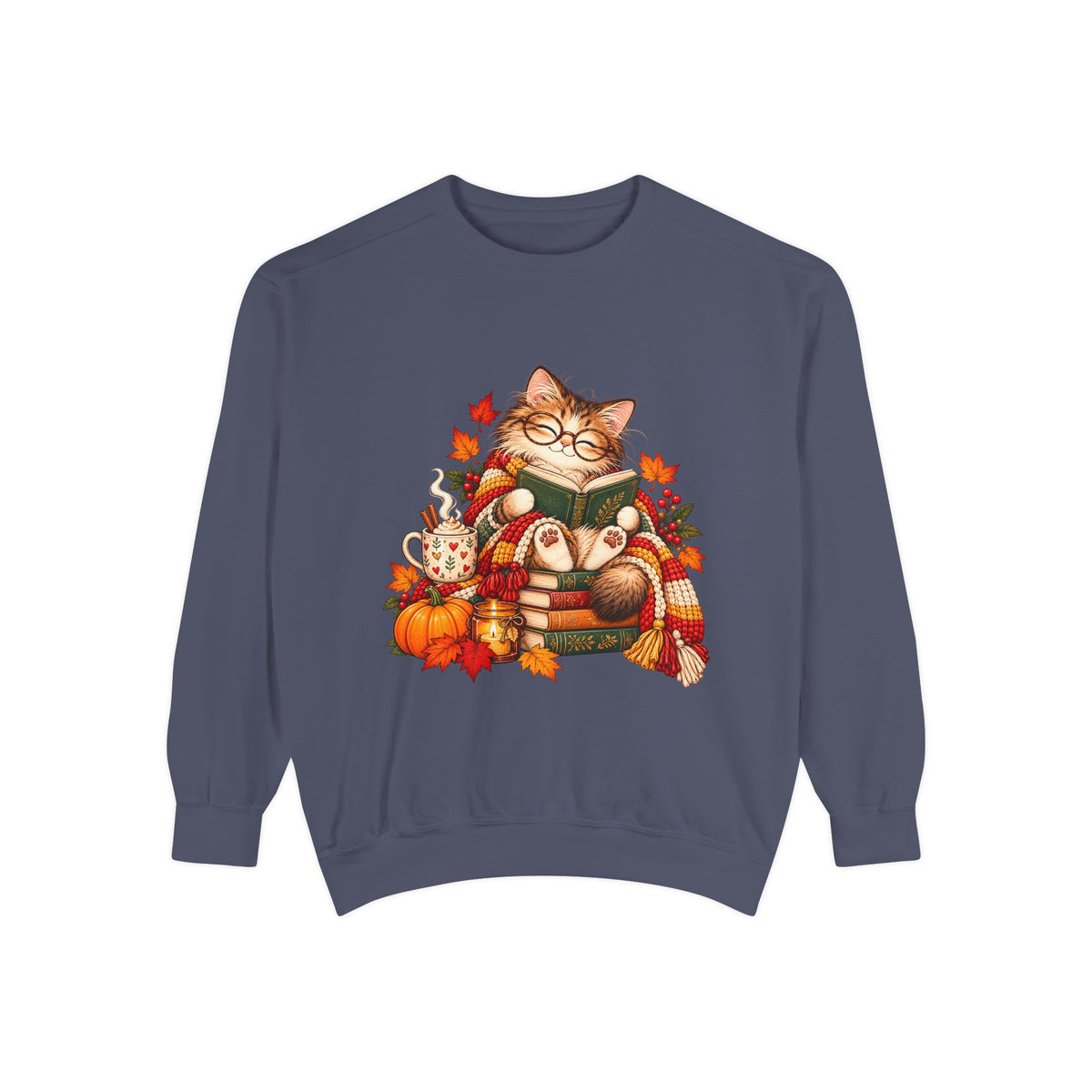 Cozy Reading Cat Sweatshirt | Autumn Leaves Pumpkin Fall Cozy
