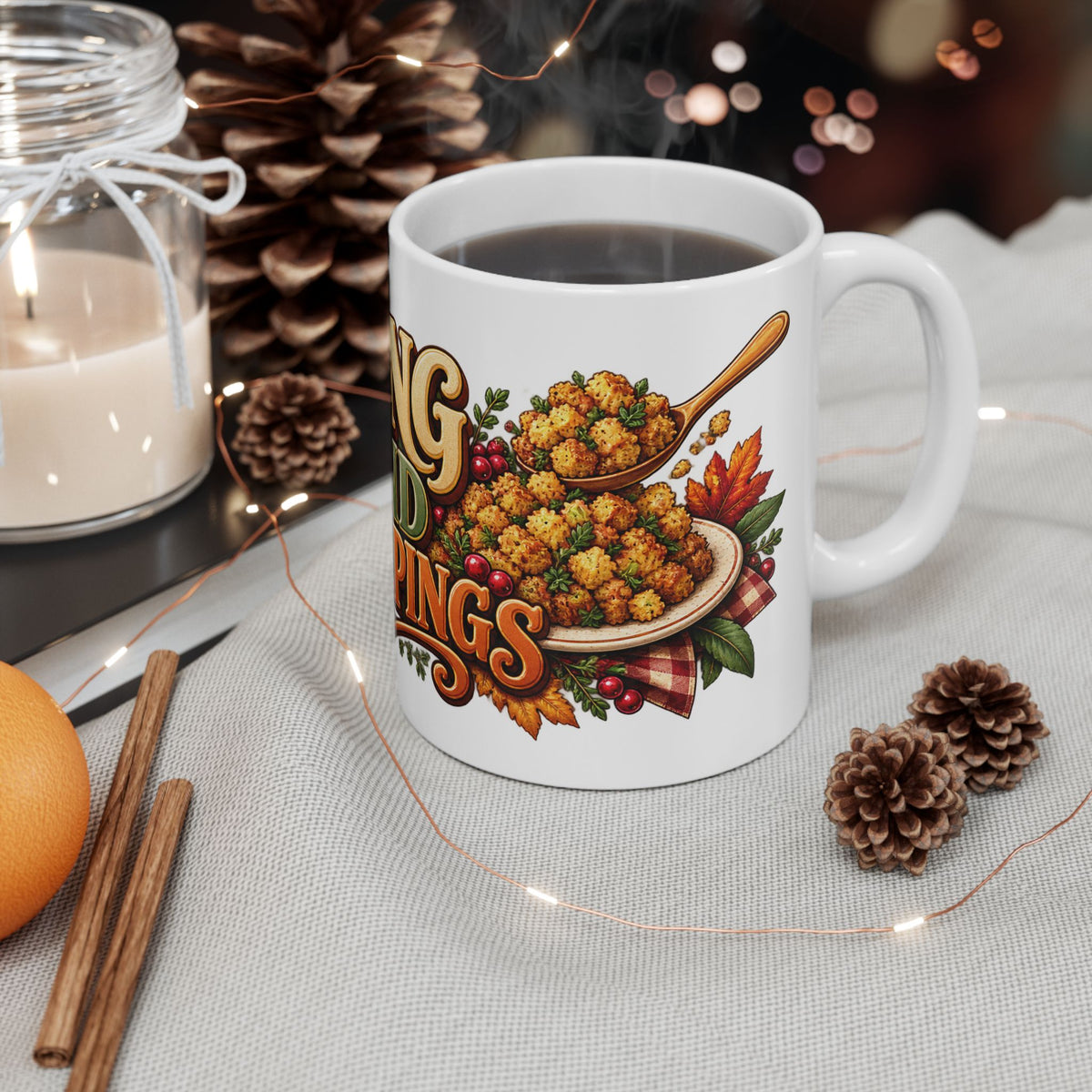 Stuffing & Second Helpings Mug — Funny Thanksgiving Ceramic Coffee Mug, Turkey Dinner Humor Gift for Foodies