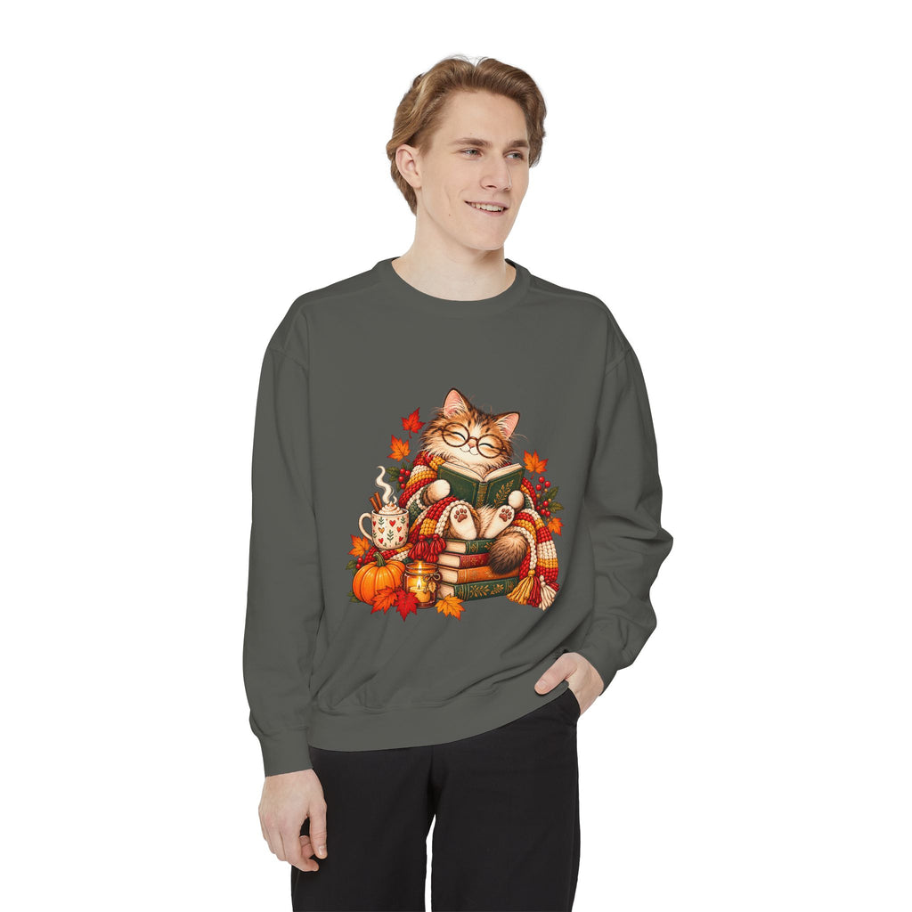 Cozy Reading Cat Sweatshirt | Autumn Leaves Pumpkin Fall Cozy