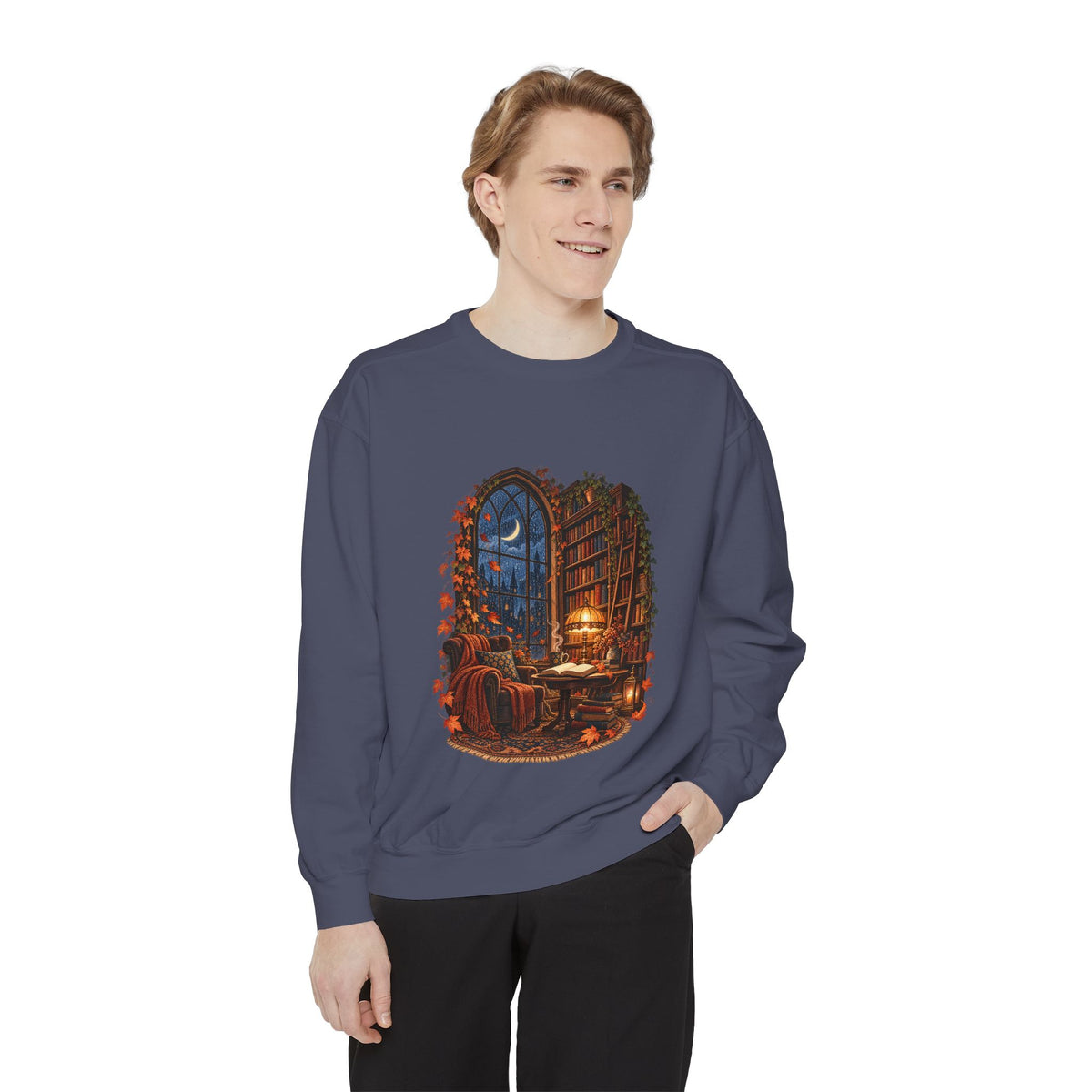 Cozy Nighttime Library Scene Sweatshirt | Reading Nook Illustration