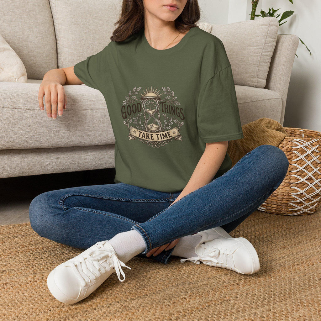 Good Things Take Time T-Shirt | Hourglass Floral Illustration