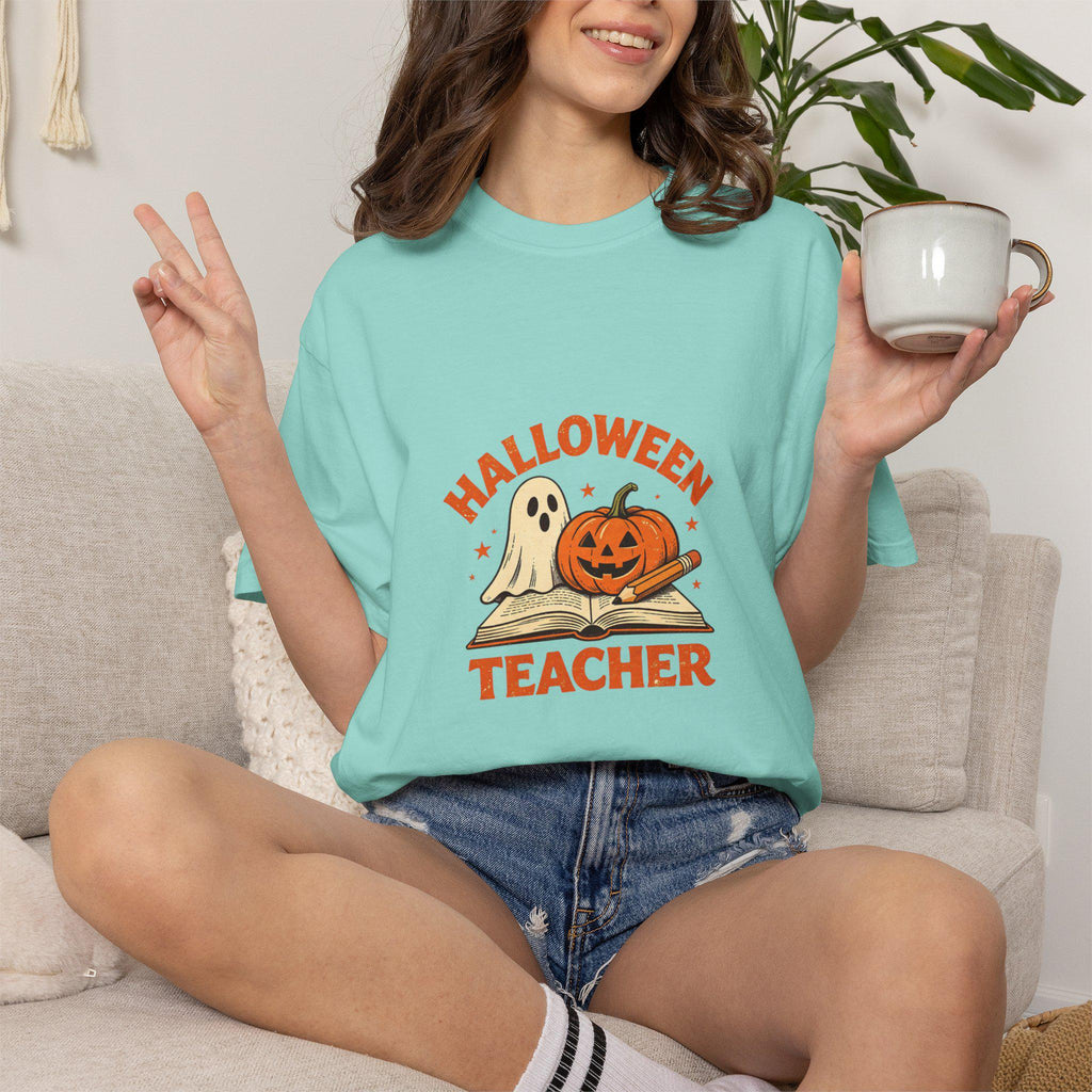 Halloween Teacher T-shirt | Ghost and Jack-o'-Lantern Book Illustration