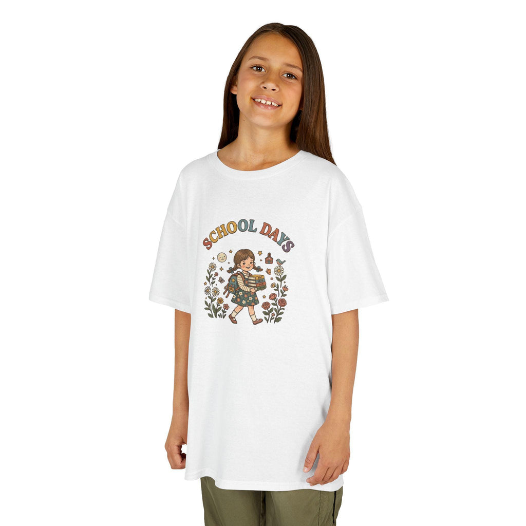 School Day kids t-shirt | retro girl illustration, floral accents