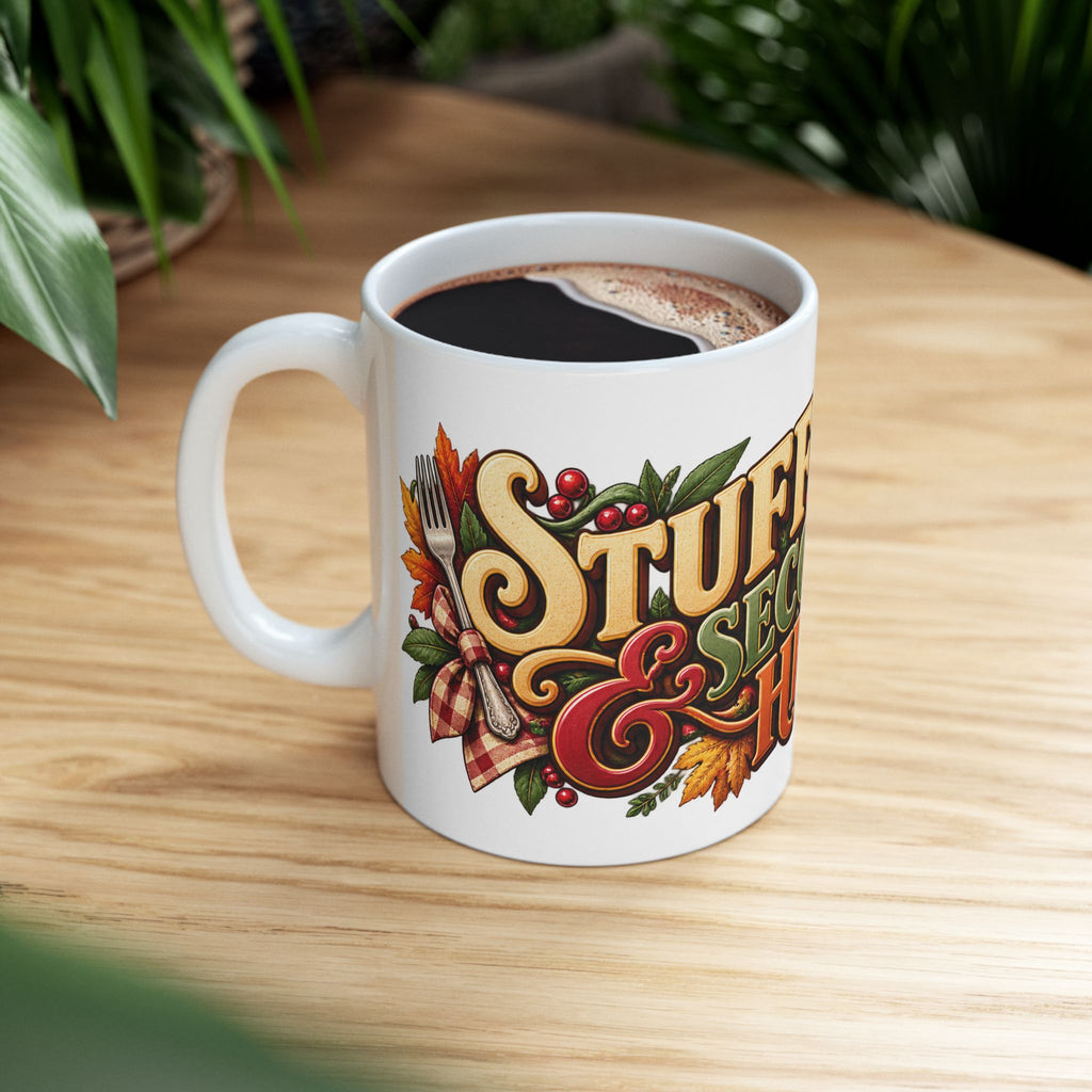 Stuffing & Second Helpings Mug — Funny Thanksgiving Ceramic Coffee Mug, Turkey Dinner Humor Gift for Foodies