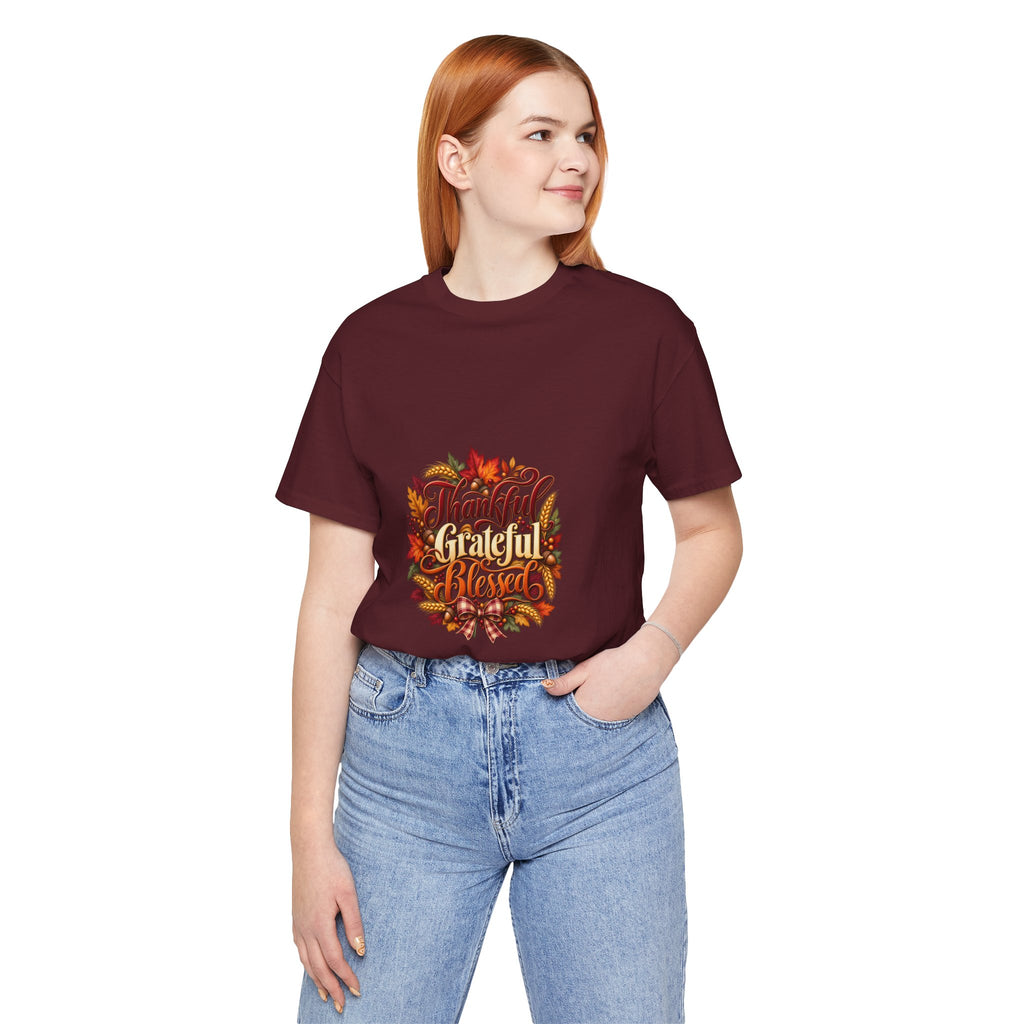 Thankful Grateful Blessed T-Shirt — Fall Leaves Thanksgiving Tee, Autumn Gratitude Shirt, Family Matching Outfit