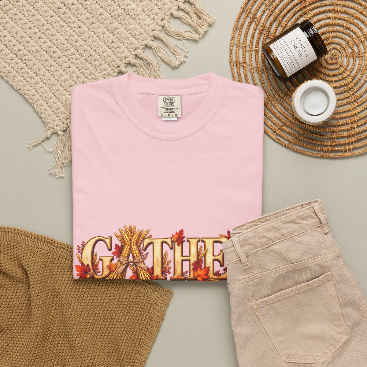 Gather Fall T-Shirt — Autumn Leaves Harvest Graphic Tee, Thanksgiving Family Gathering Shirt, Rustic Fall Gift