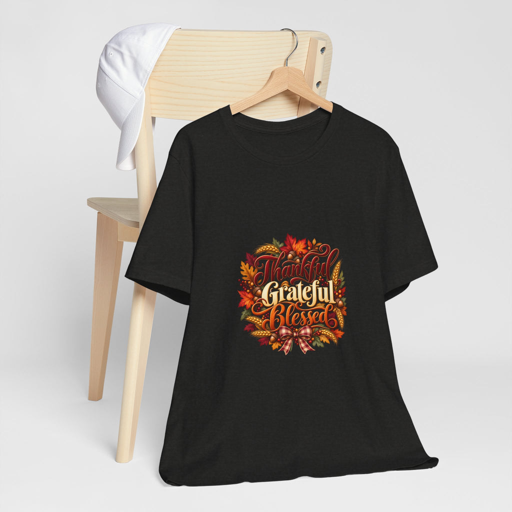 Thankful Grateful Blessed T-Shirt — Fall Leaves Thanksgiving Tee, Autumn Gratitude Shirt, Family Matching Outfit