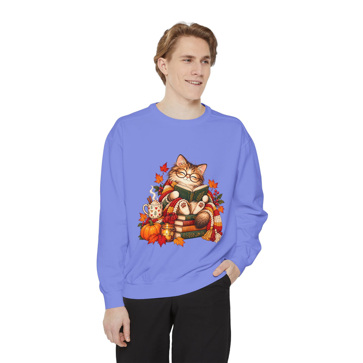 Cozy Reading Cat Sweatshirt | Autumn Leaves Pumpkin Fall Cozy