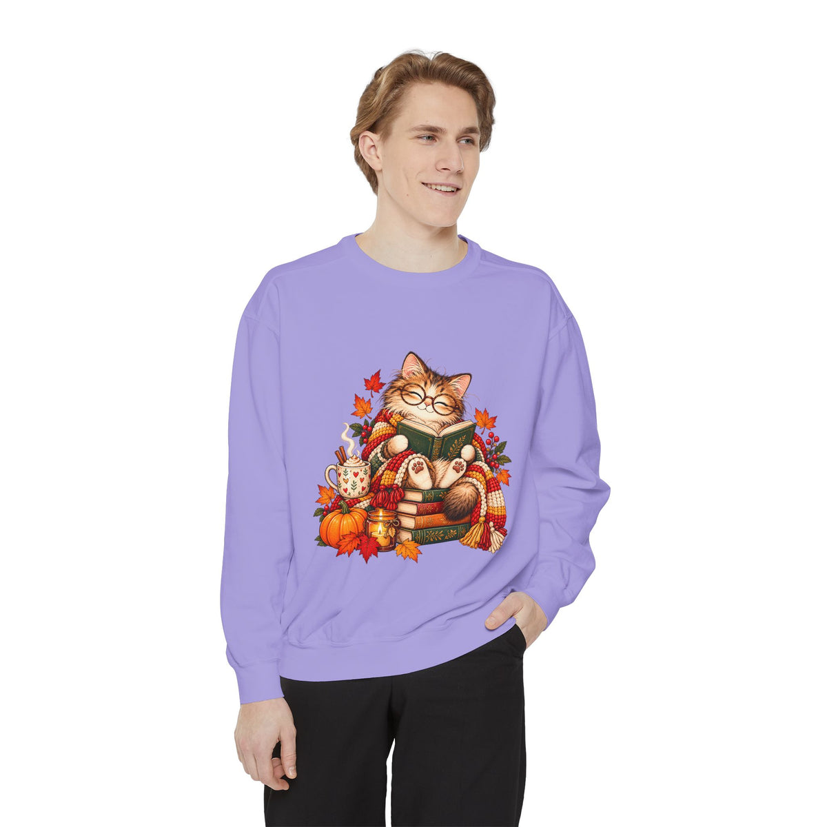 Cozy Reading Cat Sweatshirt | Autumn Leaves Pumpkin Fall Cozy