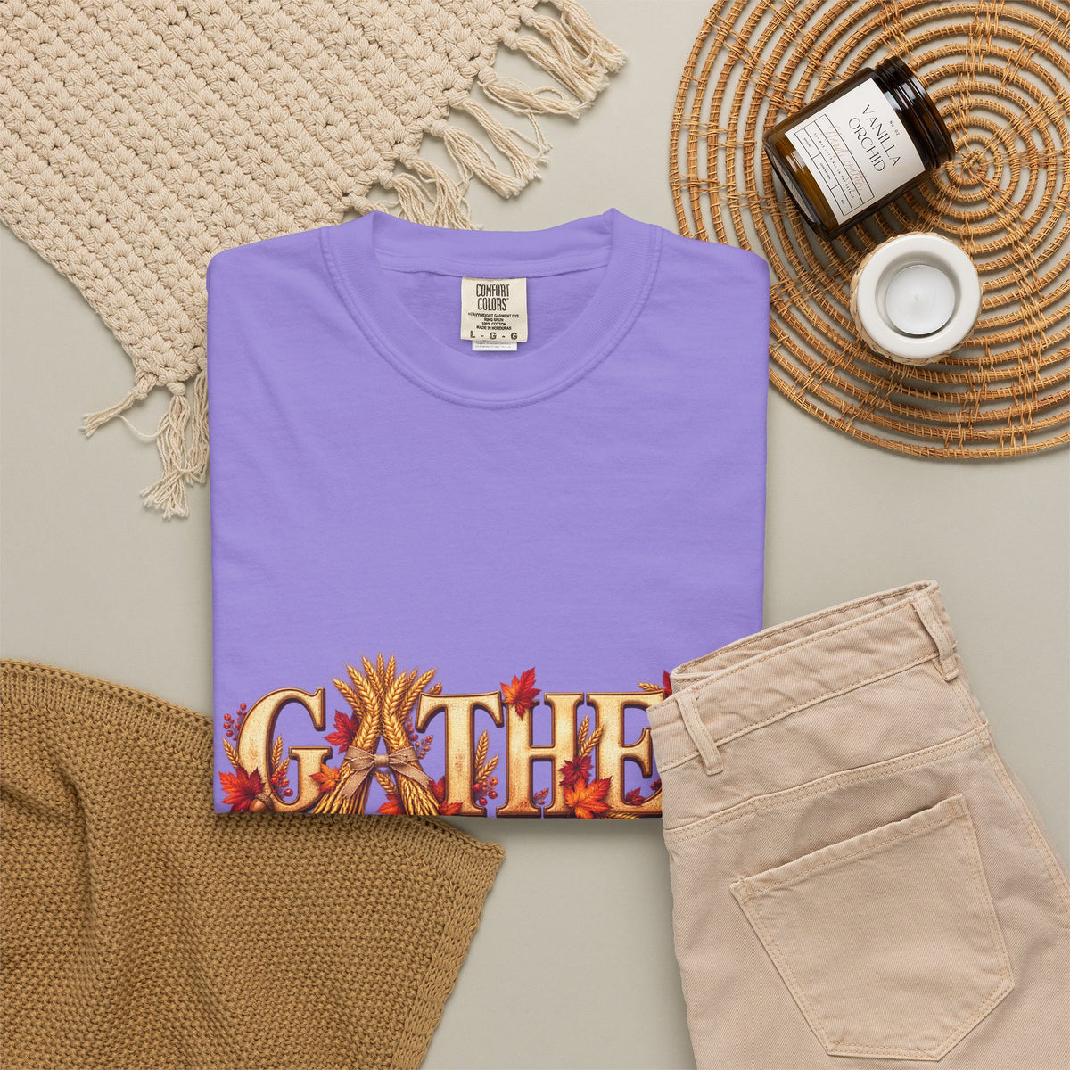 Gather Fall T-Shirt — Autumn Leaves Harvest Graphic Tee, Thanksgiving Family Gathering Shirt, Rustic Fall Gift