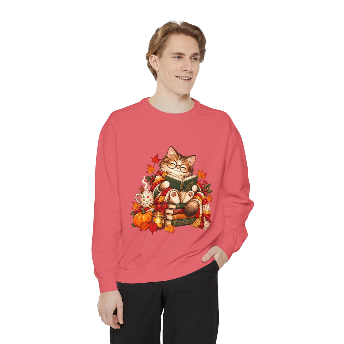 Cozy Reading Cat Sweatshirt | Autumn Leaves Pumpkin Fall Cozy