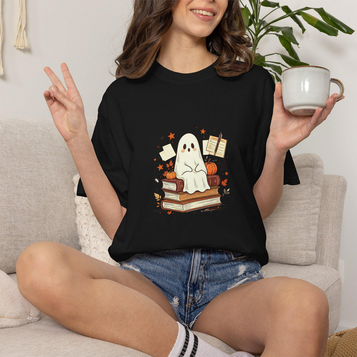 Cute Reading Ghost T-shirt | Ghost on Books, Autumn Leaves, Notebook