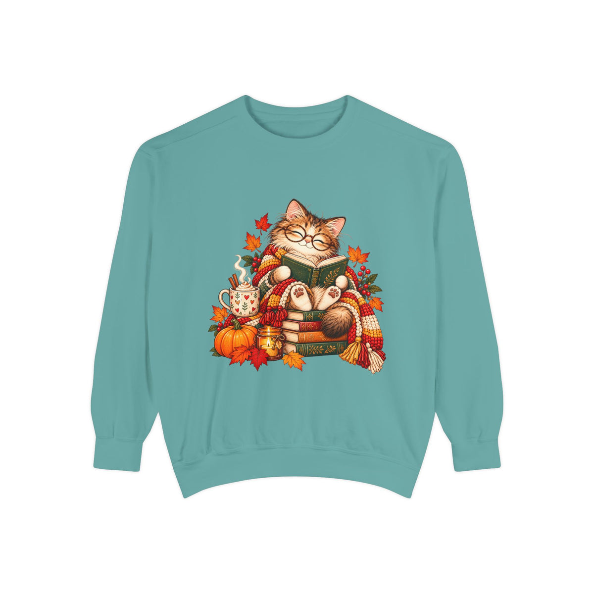Cozy Reading Cat Sweatshirt | Autumn Leaves Pumpkin Fall Cozy