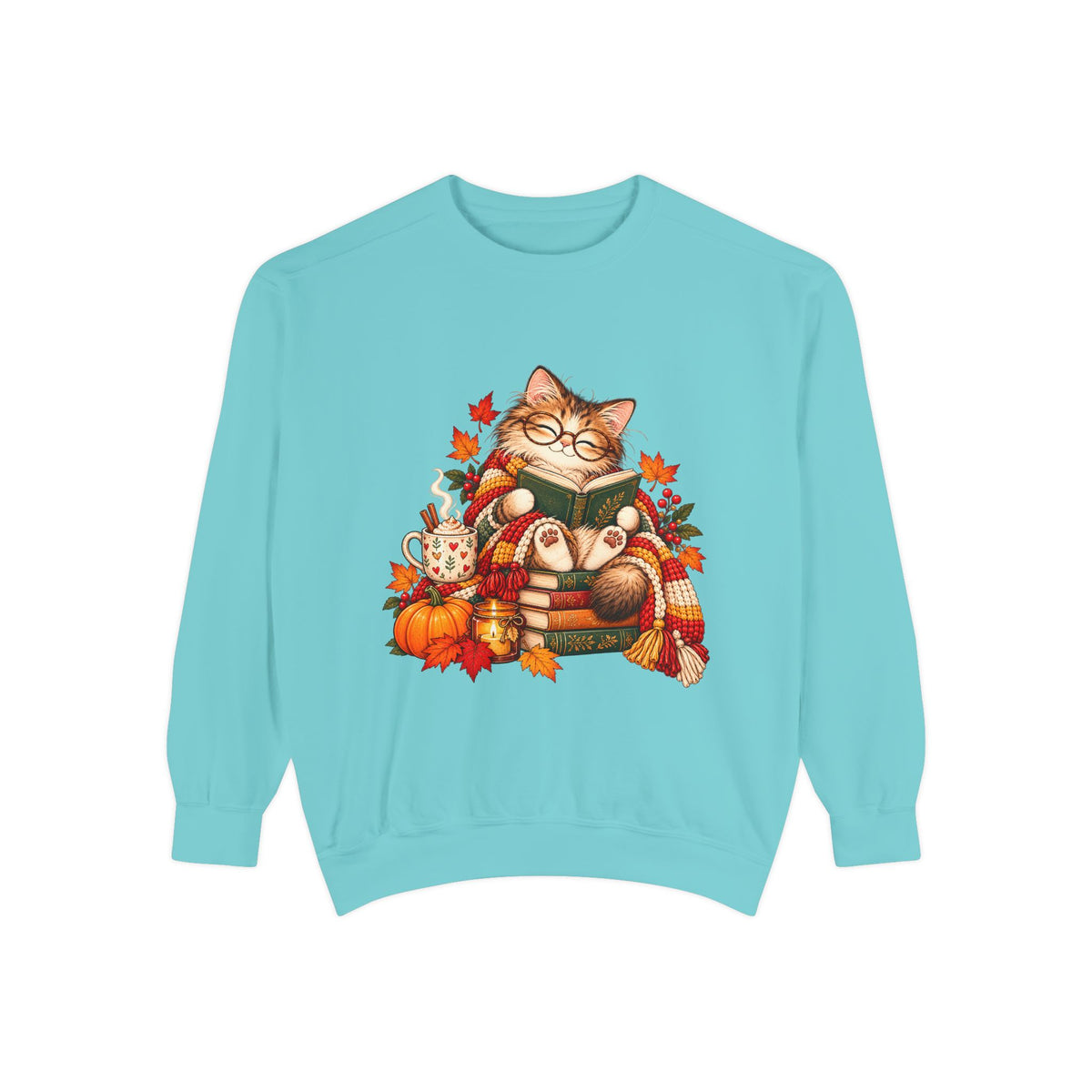 Cozy Reading Cat Sweatshirt | Autumn Leaves Pumpkin Fall Cozy