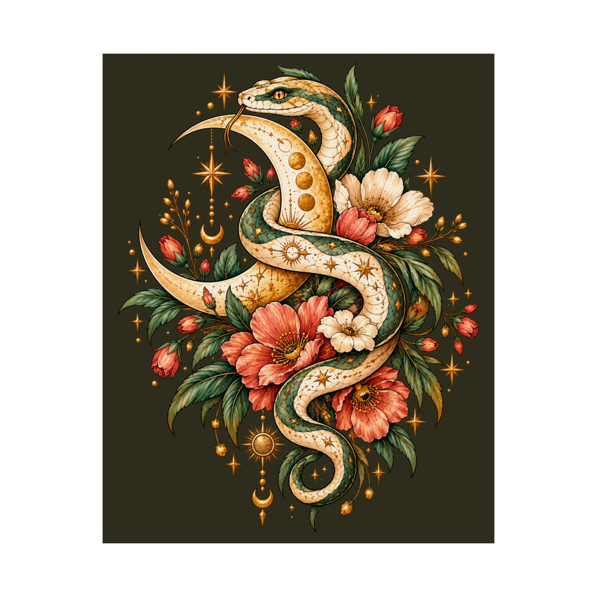 Floral Gold Snake Poster Matte Vertical Print | Botanical Serpent Wall Art