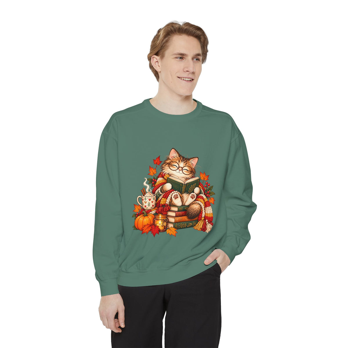 Cozy Reading Cat Sweatshirt | Autumn Leaves Pumpkin Fall Cozy