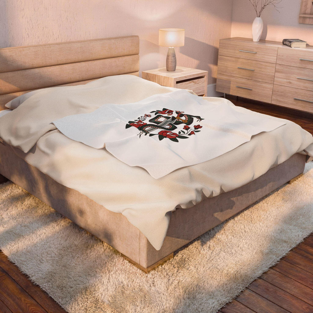 Snake and Dagger with Roses Velveteen Plush Blanket | Tattoo Style Floral Throw
