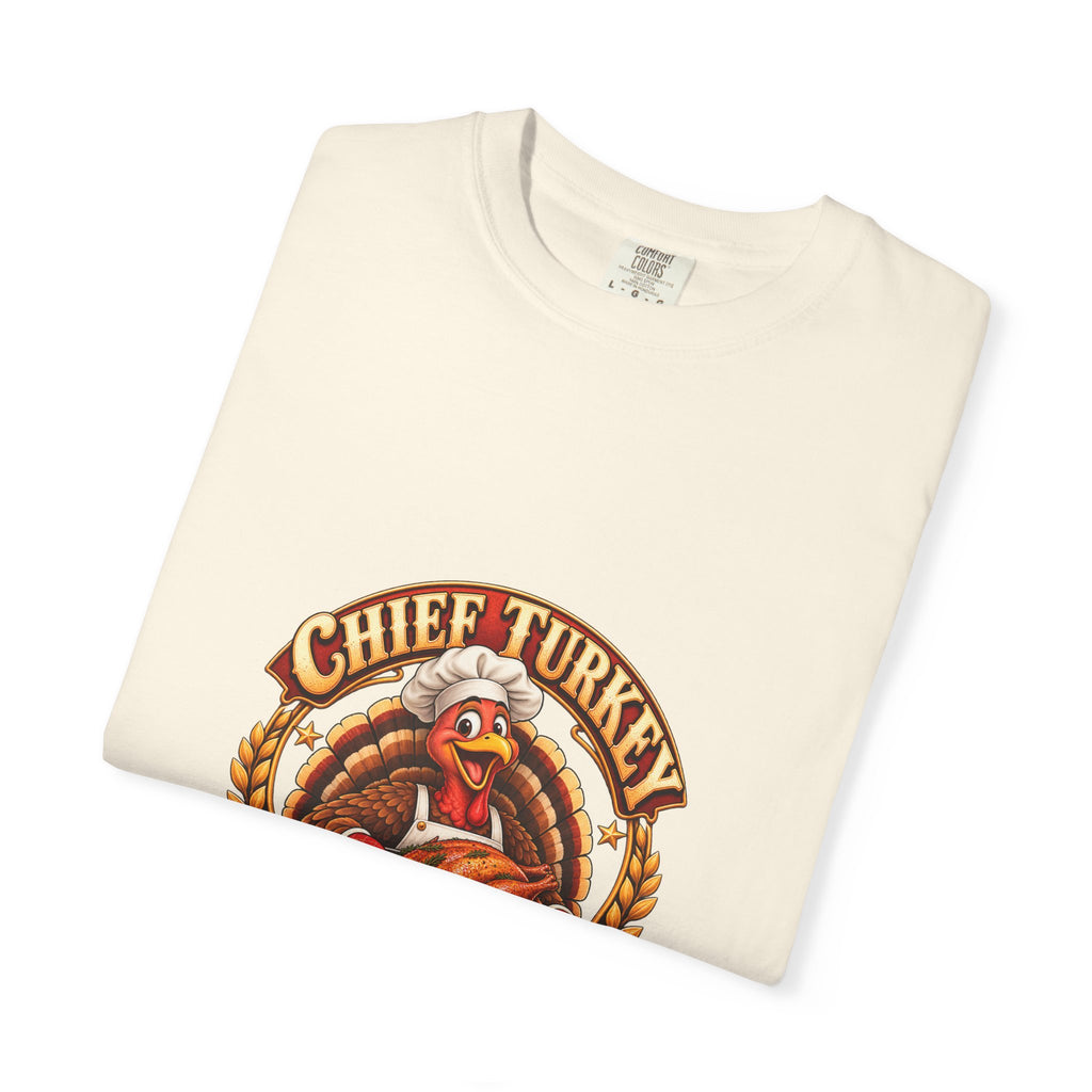 Chief Turkey Roaster T-Shirt — Retro Thanksgiving Emblem Tee, Vintage BBQ Turkey Badge Graphic Fall Shirt