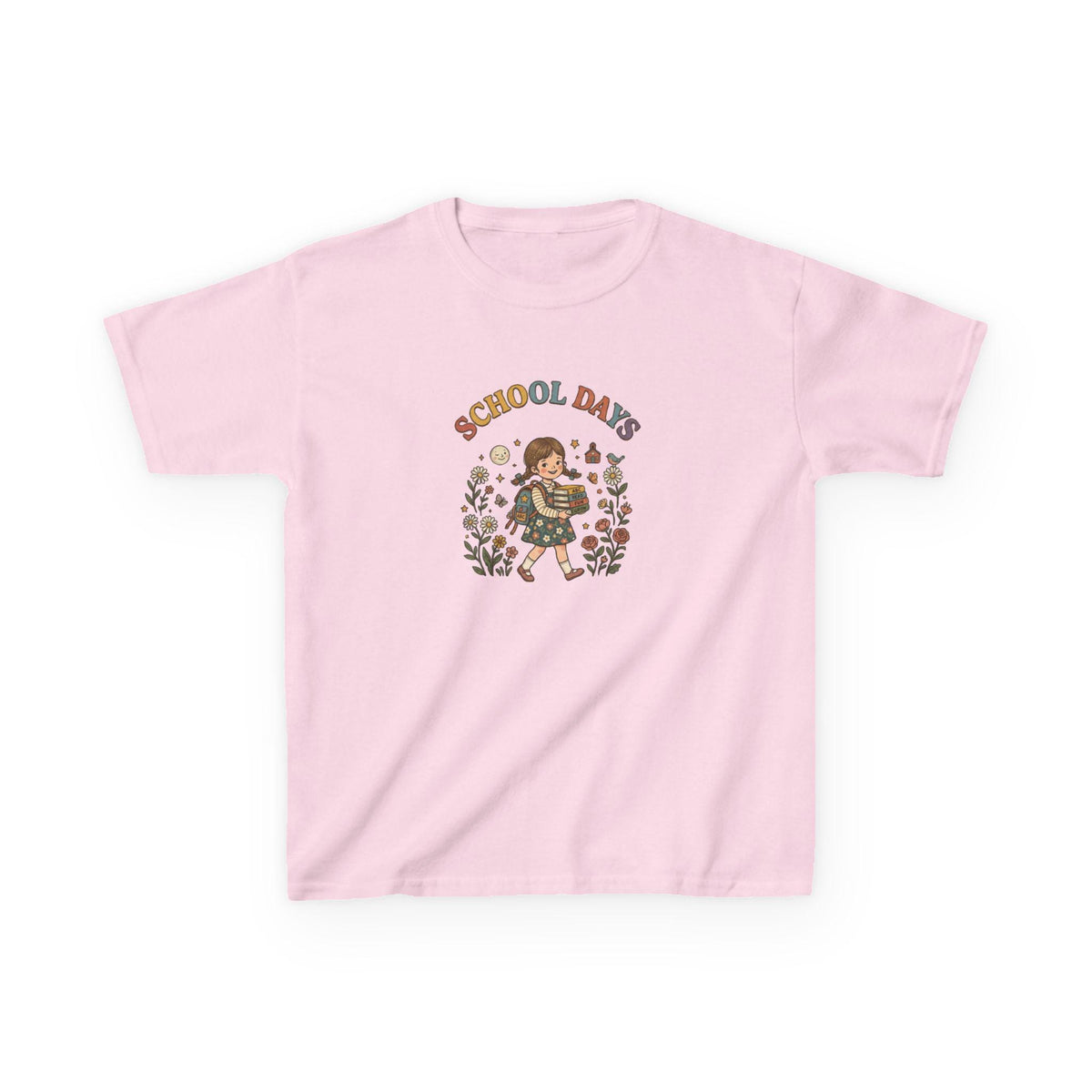 School Day kids t-shirt | retro girl illustration, floral accents