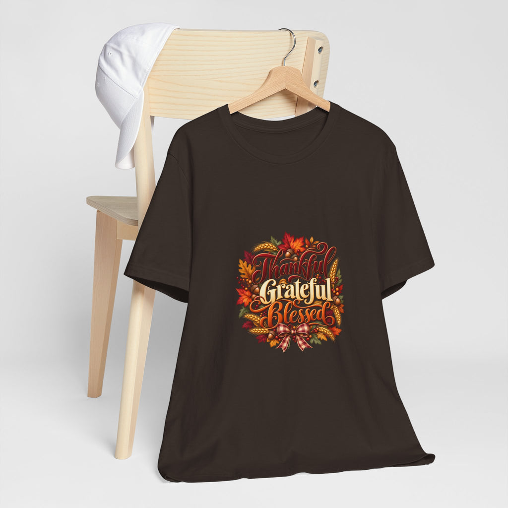 Thankful Grateful Blessed T-Shirt — Fall Leaves Thanksgiving Tee, Autumn Gratitude Shirt, Family Matching Outfit