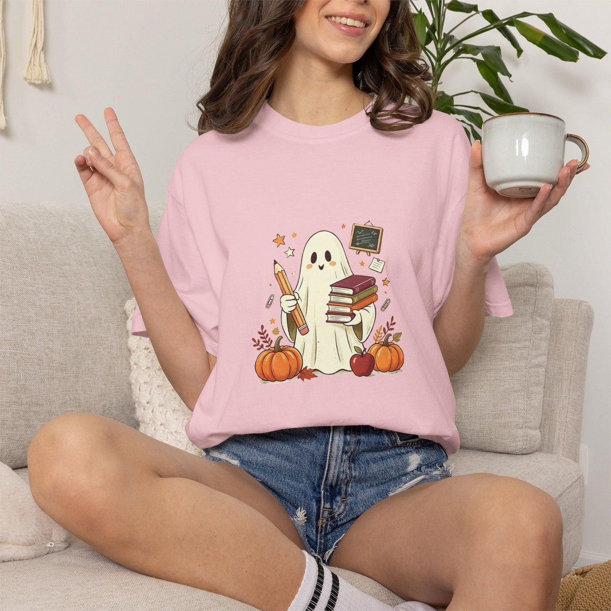 Cute Ghost with Books and Pumpkins T-shirt | Halloween Reading Shirt
