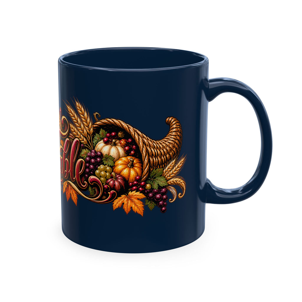 Bless This Table Mug — Harvest Thanksgiving Ceramic Coffee Mug, Cornucopia Gratitude Fall Harvest Gift