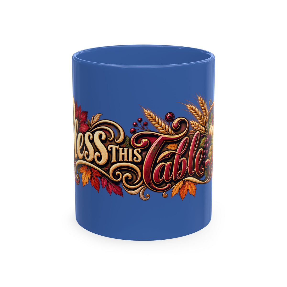 Bless This Table Mug — Harvest Thanksgiving Ceramic Coffee Mug, Cornucopia Gratitude Fall Harvest Gift