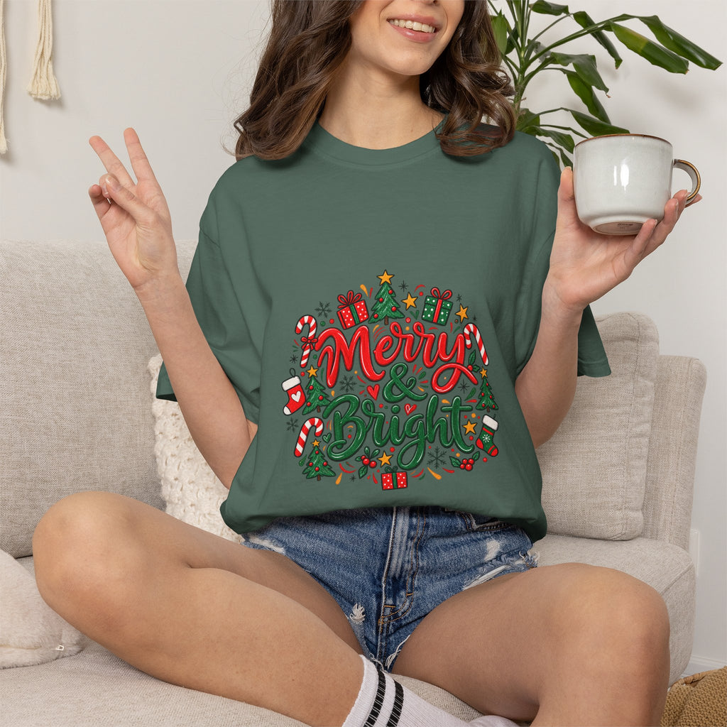 Merry & Bright Christmas T-Shirt | Festive Holiday Graphic Tee