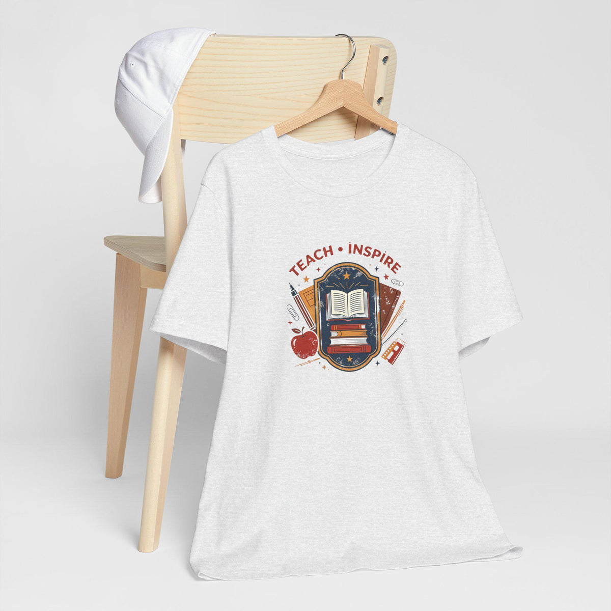 Teach Inspire Badge Tee | Teacher Book Apple Pencil Illustration