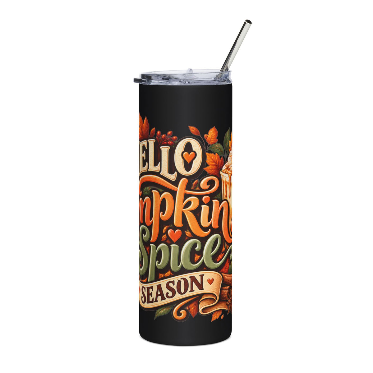 Hello Pumpkin Spice Season Tumbler | Fall Leaves Pumpkin Latte Design