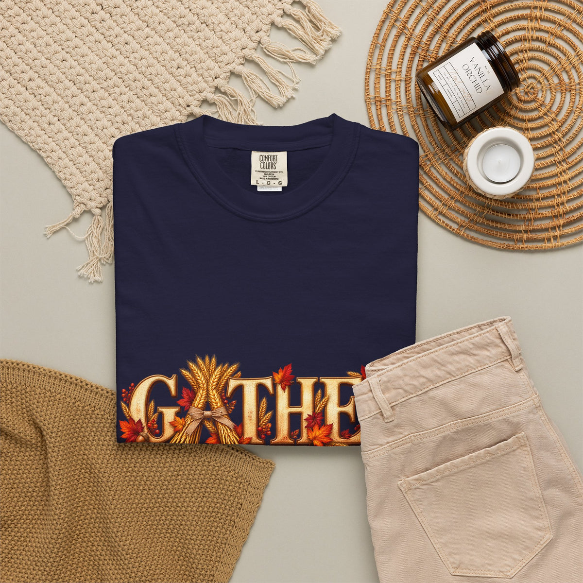 Gather Fall T-Shirt — Autumn Leaves Harvest Graphic Tee, Thanksgiving Family Gathering Shirt, Rustic Fall Gift