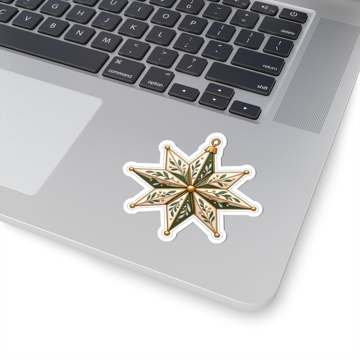 Vintage Star Ornament Sticker — Green & Gold Holiday Kiss-Cut Sticker