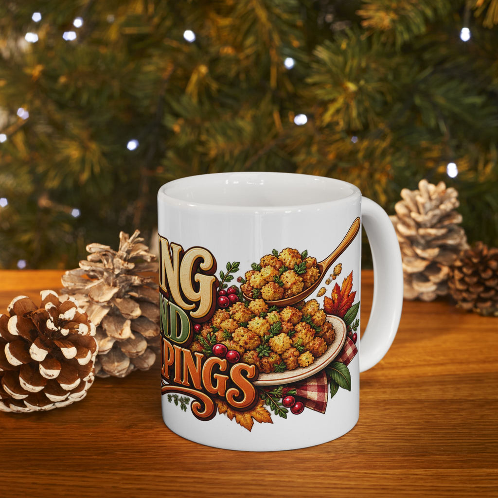 Stuffing & Second Helpings Mug — Funny Thanksgiving Ceramic Coffee Mug, Turkey Dinner Humor Gift for Foodies