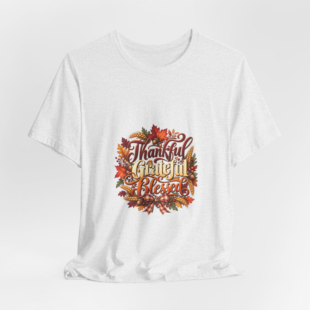 Thankful Grateful Blessed T-Shirt — Fall Leaves Thanksgiving Tee, Autumn Gratitude Shirt, Family Matching Outfit