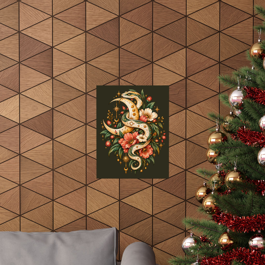 Floral Gold Snake Poster Matte Vertical Print | Botanical Serpent Wall Art