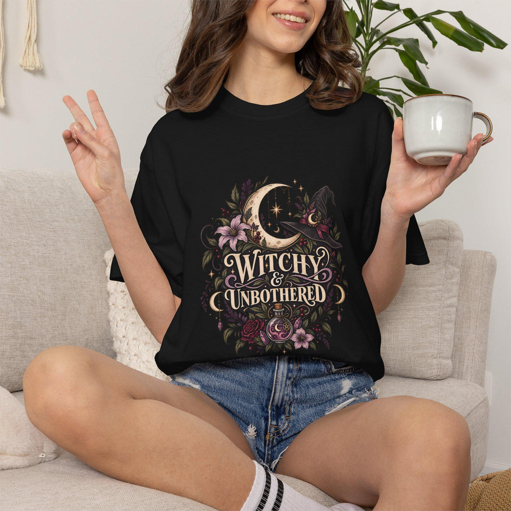 Witchy & Unbothered T-shirt | Crescent Moon, Cat, Floral Boho
