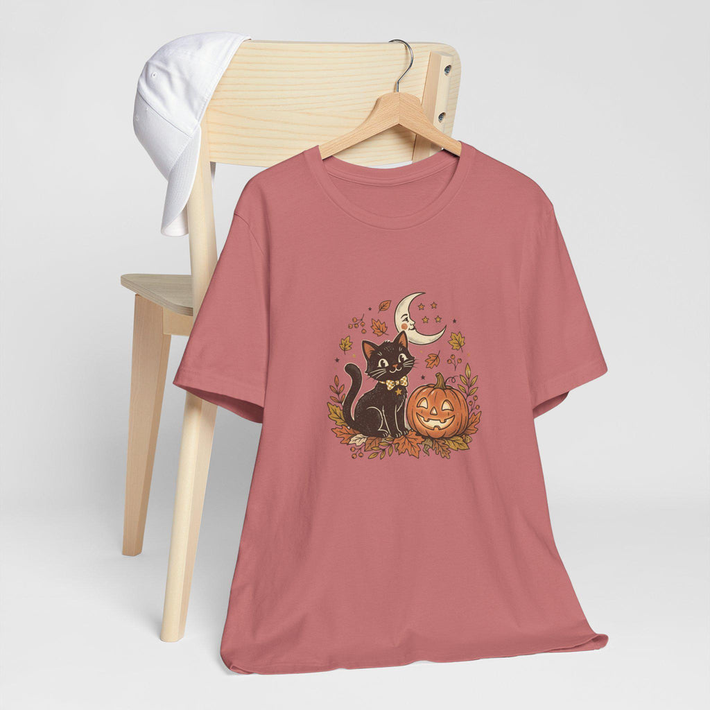 Black Cat with Jack-o'-Lantern T-Shirt | Halloween Pumpkin Moon Design