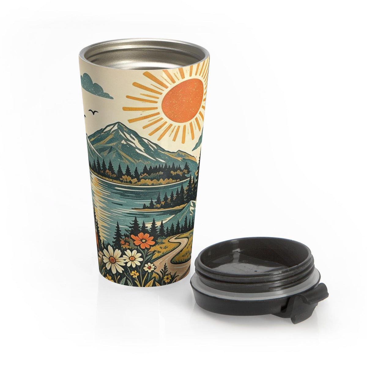 Retro Mountain Sun Van Travel Mug | Scenic Camping Landscape