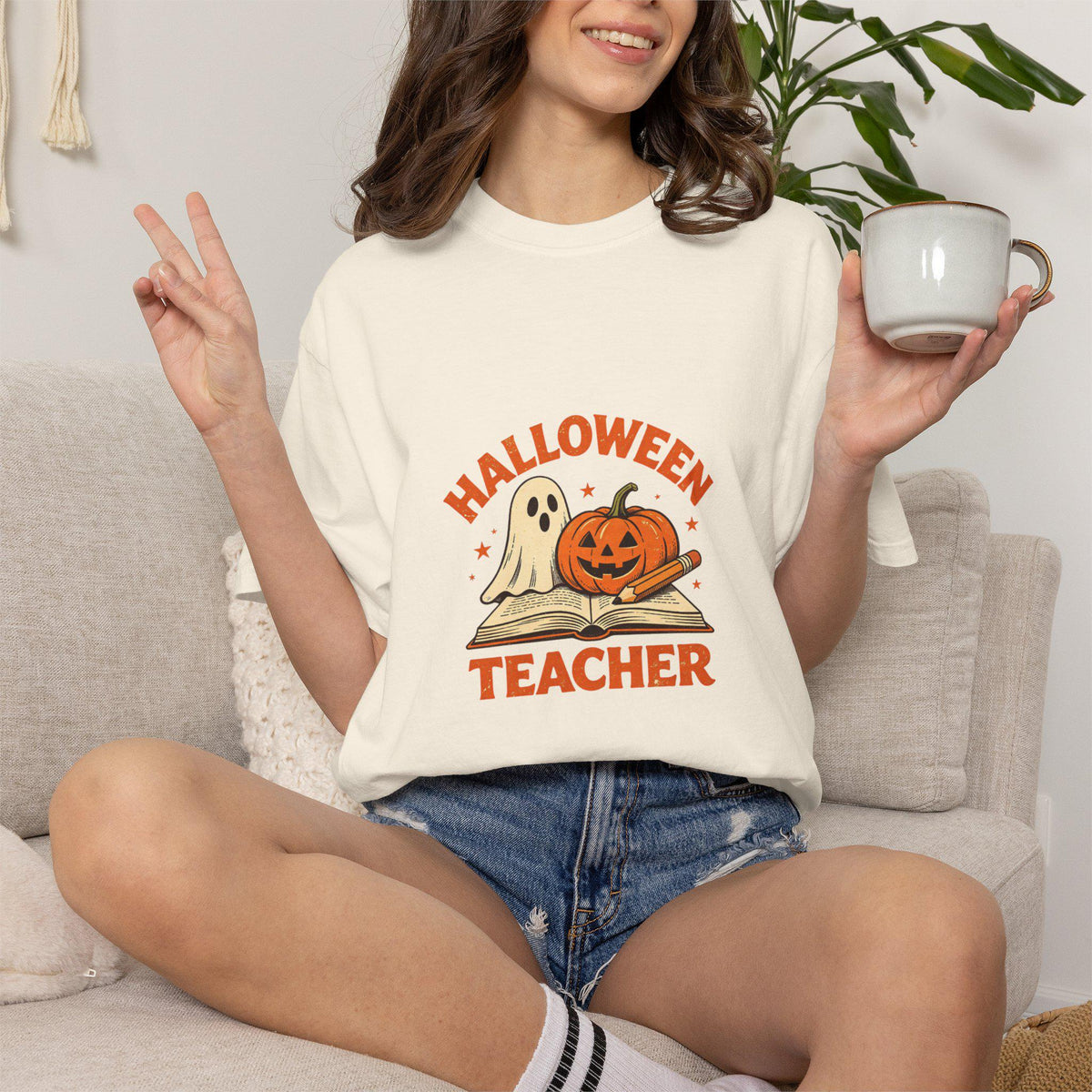 Halloween Teacher T-shirt | Ghost and Jack-o'-Lantern Book Illustration