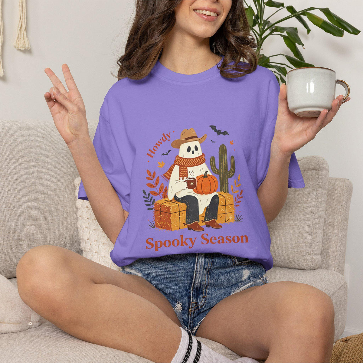 Howdy Spooky Season Ghost T-Shirt | Pumpkin Cactus Halloween Tee