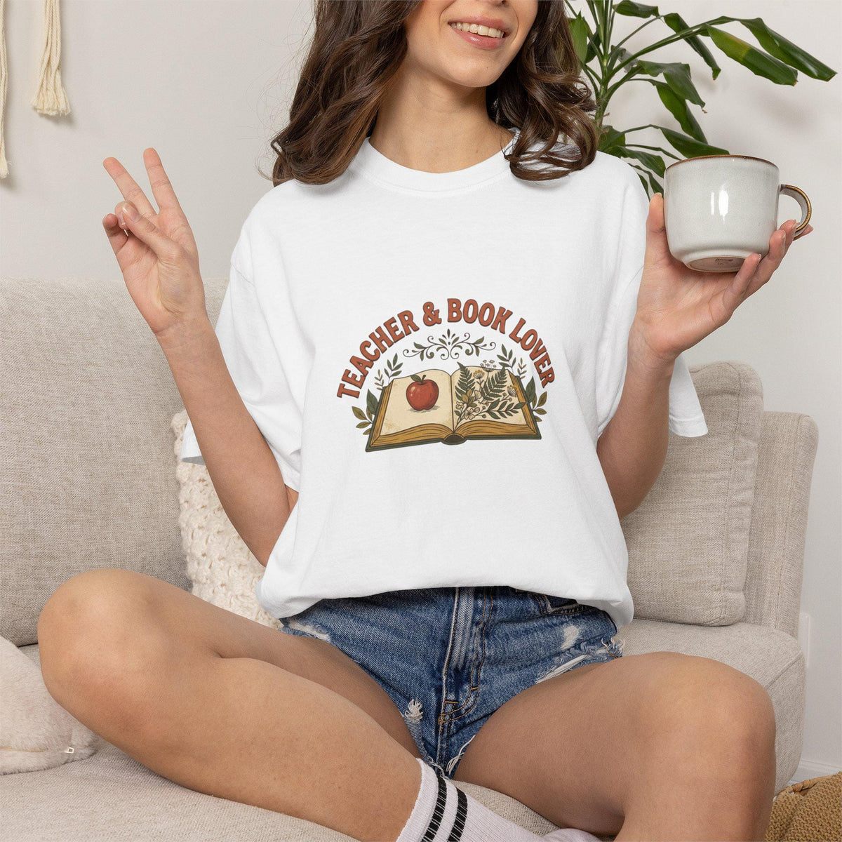Teacher & Book Lover T-Shirt | Open Book Illustration, Apple and Plants