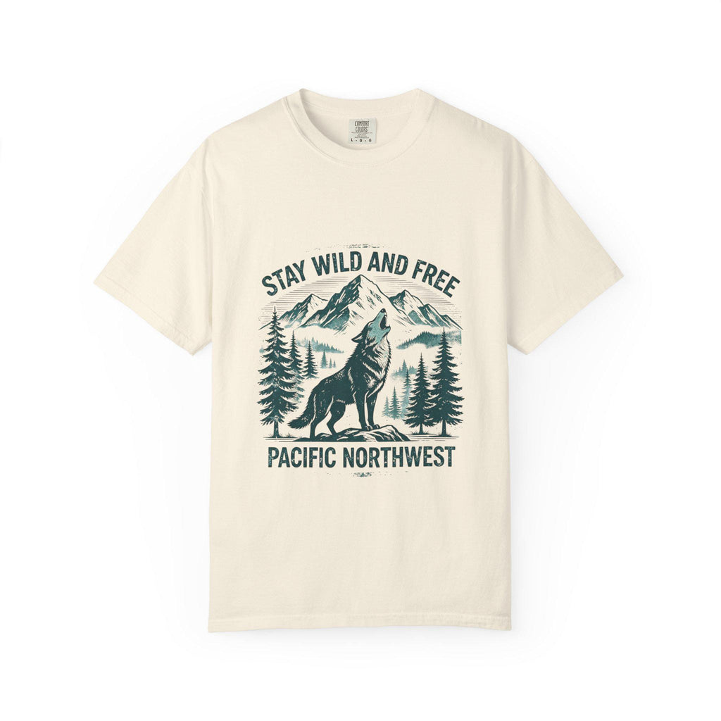 Stay Wild and Free Wolf Pacific Northwest T-Shirt | Mountain Camping Tee | Nature Lover Gift | Hiking Adventure Shirt | Wildlife Outdoor