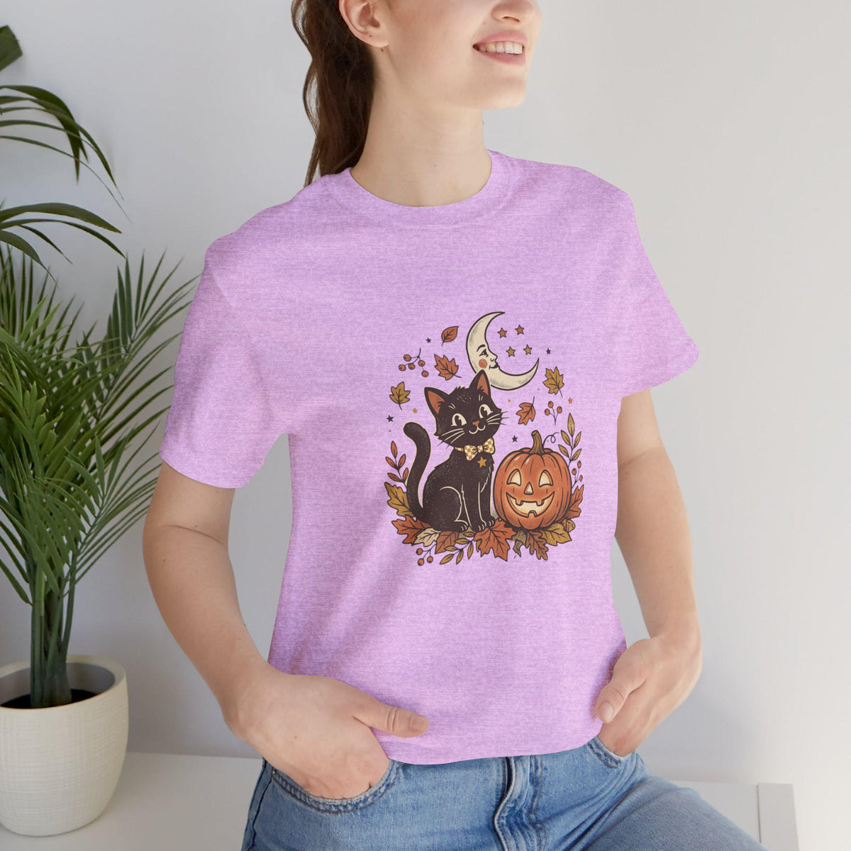 Black Cat with Jack-o'-Lantern T-Shirt | Halloween Pumpkin Moon Design