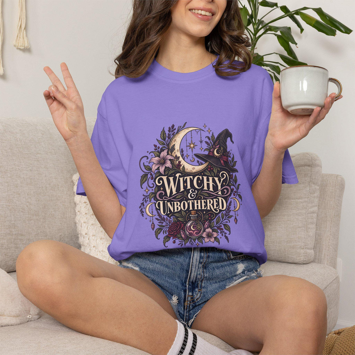 Witchy & Unbothered T-shirt | Crescent Moon, Cat, Floral Boho