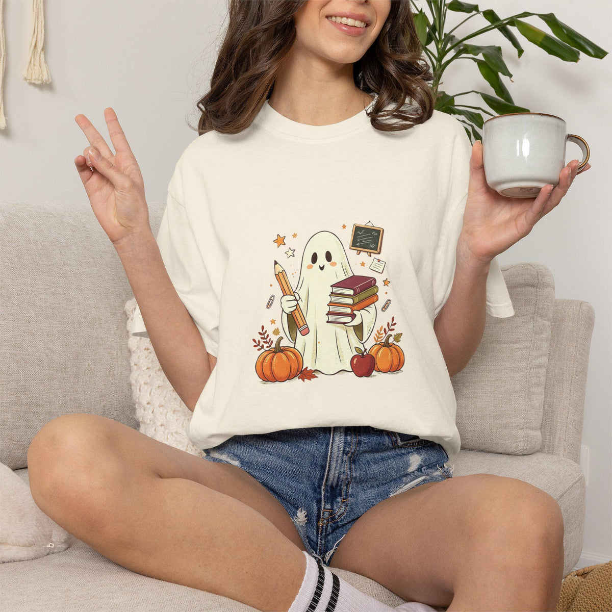 Cute Ghost with Books and Pumpkins T-shirt | Halloween Reading Shirt